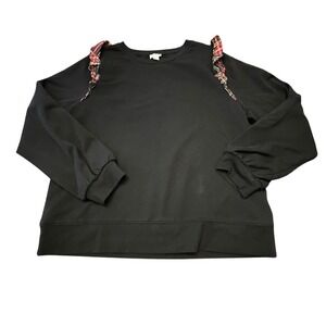 J. Crew Womens Black Plaid Ruffle Shoulder Sweatshirt Pullover Size L